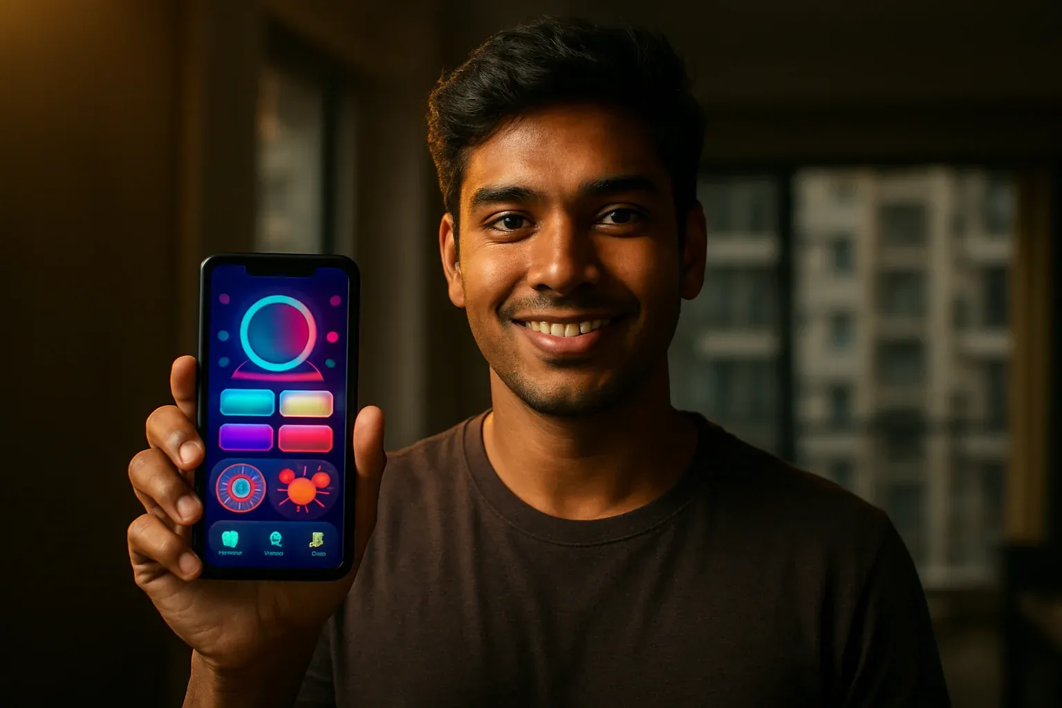 Young Bangladeshi man smiling, holding smartphone showing glowing casino app interface