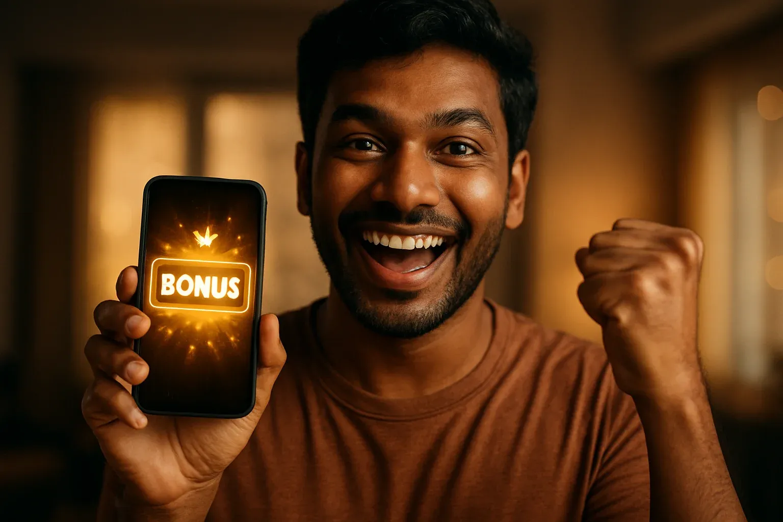 Joyful Bangladeshi man celebrating with smartphone showing glowing golden bonus UI
