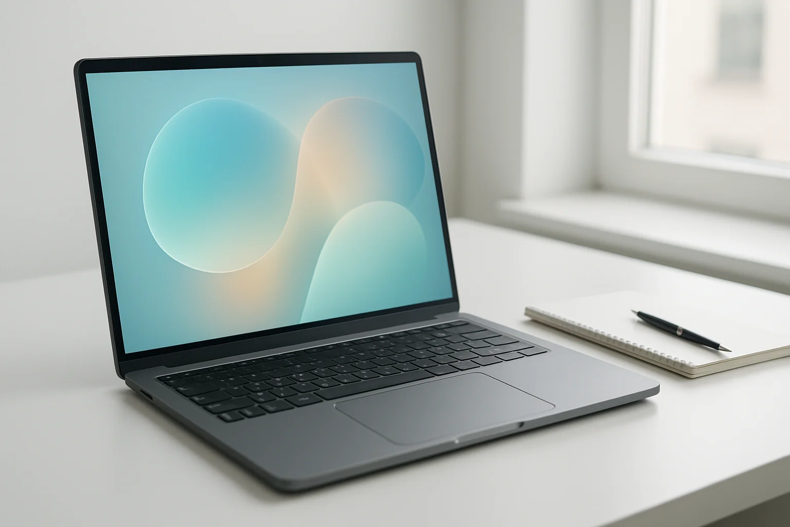 Modern laptop on white desk with abstract glowing screen in daylight