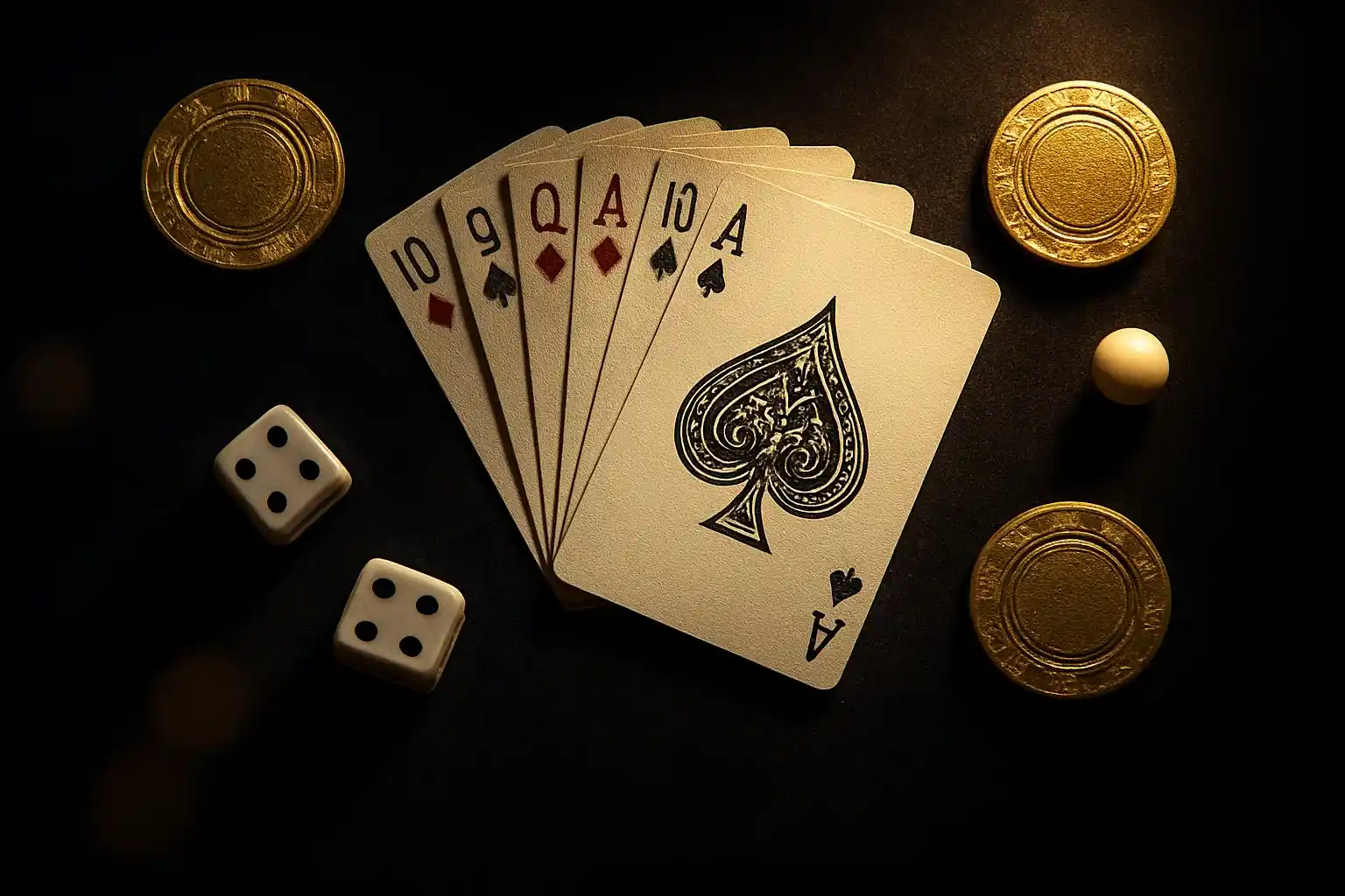 Hyperrealistic top-down casino flat lay with chips, cards, dice, roulette ball