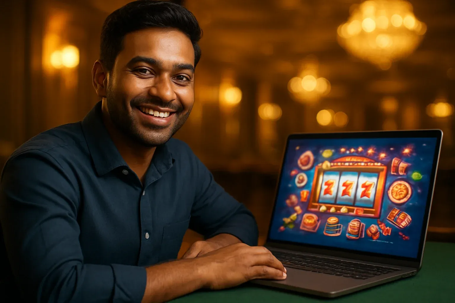 Cheerful Bangladeshi man smiling at open laptop with glowing casino interface