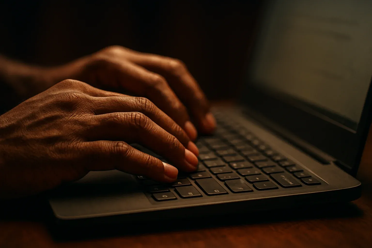 Close-up of Bangladeshi hands typing on laptop keyboard in low light