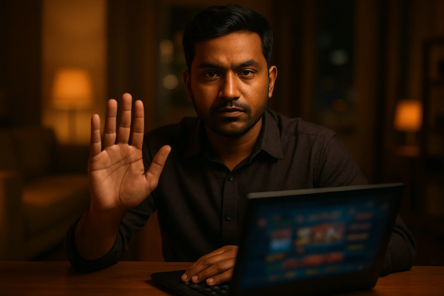 Confident Bangladeshi man signals stop beside laptop with blurred online casino