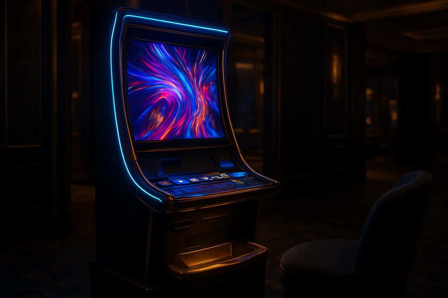 Hyperrealistic premium slot machine in dark luxury setting with neon lighting